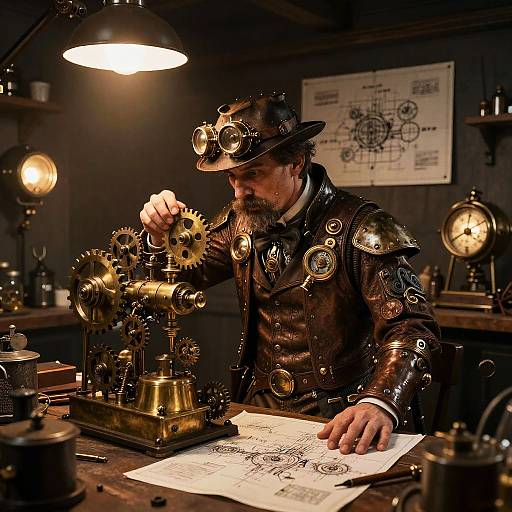 Photograph of a steampunk man with a brown beard, wearing a metallic leather vest and goggles, tinkering with a brass machine, drawing on