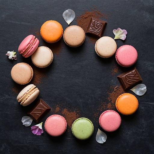 Photograph of colorful macarons and chocolate pieces arranged in a circle on a dark wooden surface with scattered cocoa powder.