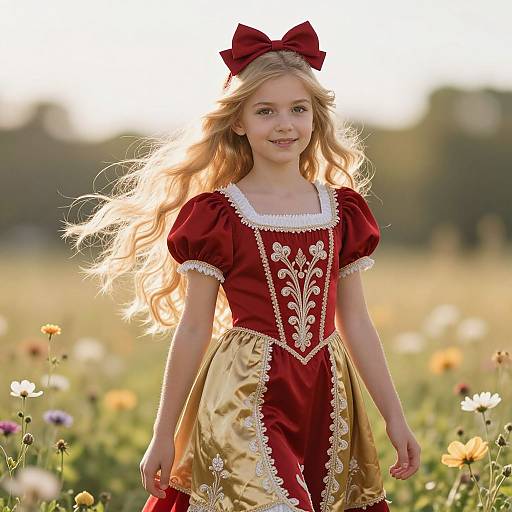 Photograph of a young blonde girl with long hair, wearing a red and gold dress with white lace, and a red bow, standing in a sun