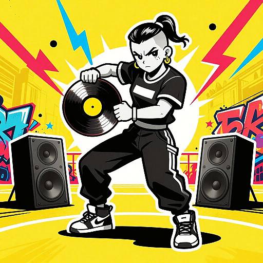 Fierce Female Breakdancer with Vinyl and Speakers