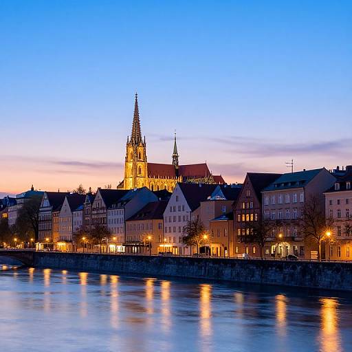 Photograph of a twilight European cityscape with illuminated Gothic cathedral, reflecting on a calm river, surrounded by cozy, lit buildings.