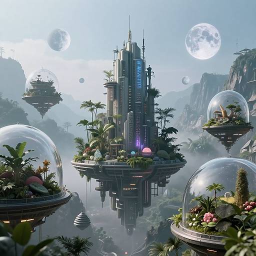 Digital artwork of futuristic floating islands with glass domes, lush greenery, and towering cityscape under a moonlit, misty sky.