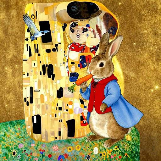 Whimsical Klimt-Inspired Rabbit Scene