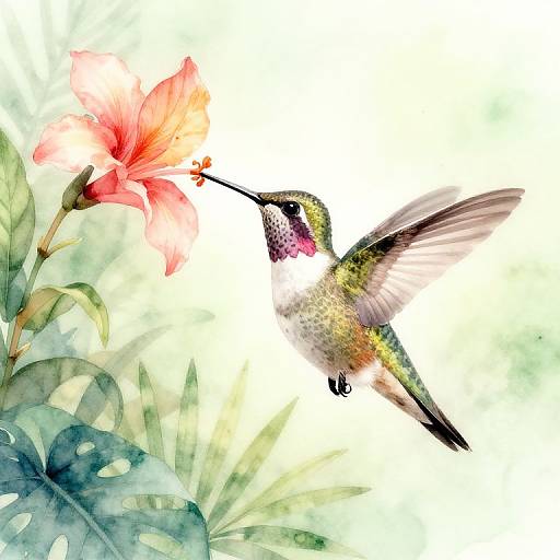 Watercolor painting of a hummingbird with iridescent green, yellow, and purple feathers, hovering near a vibrant pink hibiscus flower surrounded