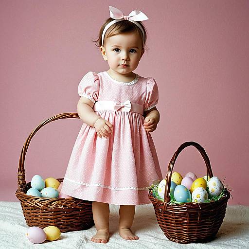 Baby Girl in Pink Dress with Easter Eggs