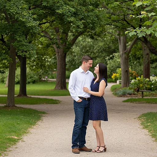 Photograph of a couple standing on a gravel path in a lush, green park; man in white shirt, blue jeans, woman in navy polka
