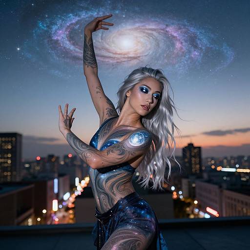 Photorealistic digital artwork of a tattooed, silver-haired woman in a shimmering blue outfit, dancing under a glowing galaxy, with a cityscape
