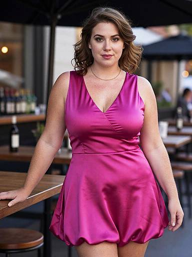 Photograph of a curvy, fair-skinned woman with wavy brown hair, wearing a pink, sleeveless, V-neck dress, standing at