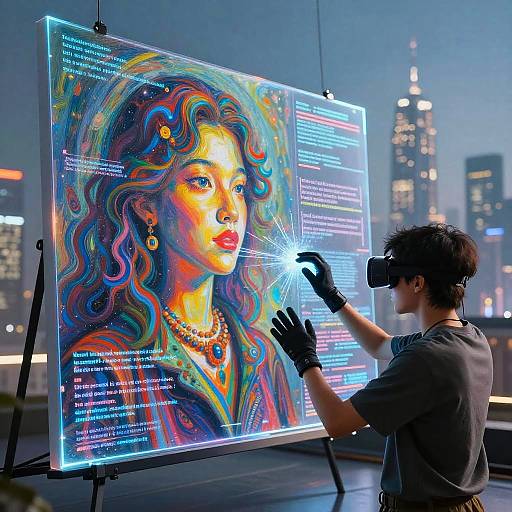 Photograph of an artist with short dark hair, wearing black gloves and VR headset, painting a vibrant, digital portrait of a woman with colorful, w