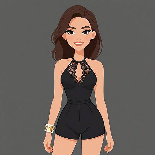 Digital illustration of a smiling woman with dark brown hair, wearing a black lace halter top and matching shorts, with a gold bracelet, set against a