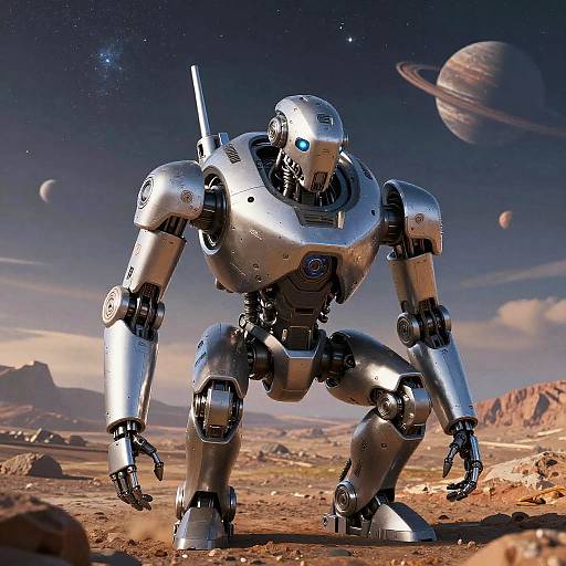 Photorealistic CGI of a silver, humanoid robot with glowing blue eyes, crouching on a dusty, rocky planet, with planets and stars in