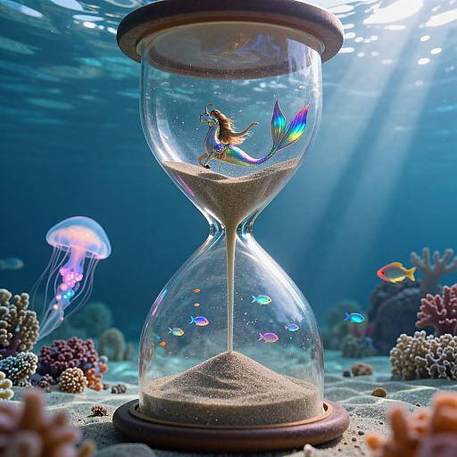 Photograph of an underwater hourglass with a mermaid figurine inside, colorful fish, jellyfish, and coral reefs in the background. Sunlight