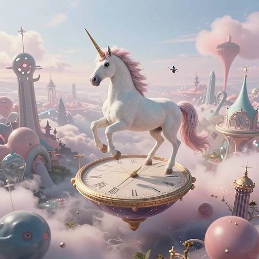 Digital art of a white unicorn with a pink mane and tail, standing on a floating clock above a whimsical, pastel-colored city with balloons and