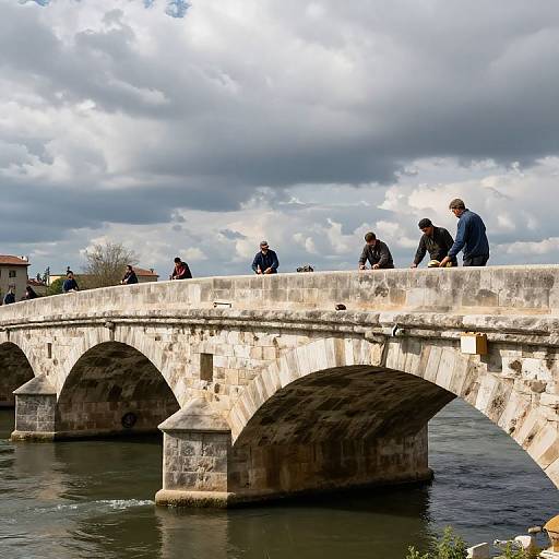 Photograph of people standing on a weathered stone bridge with arches, against a cloudy sky, with a river below.