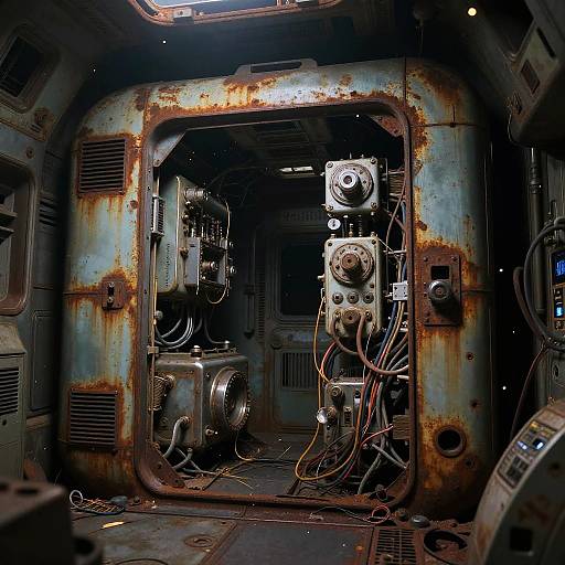 Photograph of a rusted, industrial control room with worn, blue-gray metal walls, complex machinery, tangled wires, and dim lighting.
