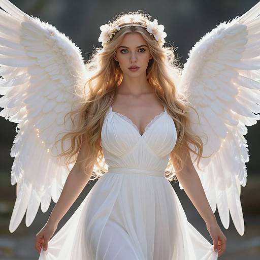 Photograph of a blonde angelic woman with glowing white wings, wearing a flowing white dress and floral crown, illuminated against a dark background.