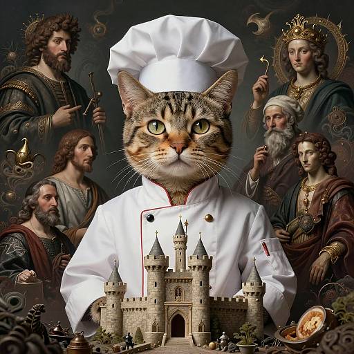 Digital artwork: Tabby cat in white chef's hat, centered, surrounded by biblical figures, medieval castle, and intricate background details.