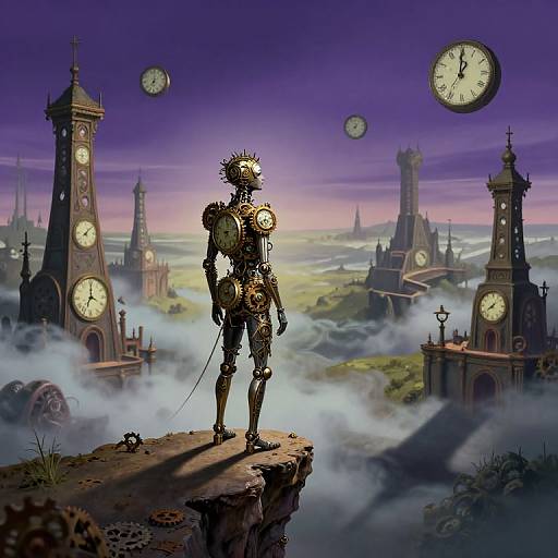 Digital artwork: A metallic, humanoid robot with a sunburst head stands on a cliff, overlooking a misty, clock-tower-filled landscape under a