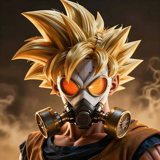 CGI image of spiky blond-haired anime character with glowing orange eyes, wearing a white skull mask and black gas mask with cylinders, against a sm