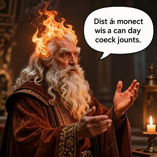 Photograph of a wizard with a fiery orange and yellow flame on his head, wearing a dark, ornate robe, speaking a speech bubble saying,