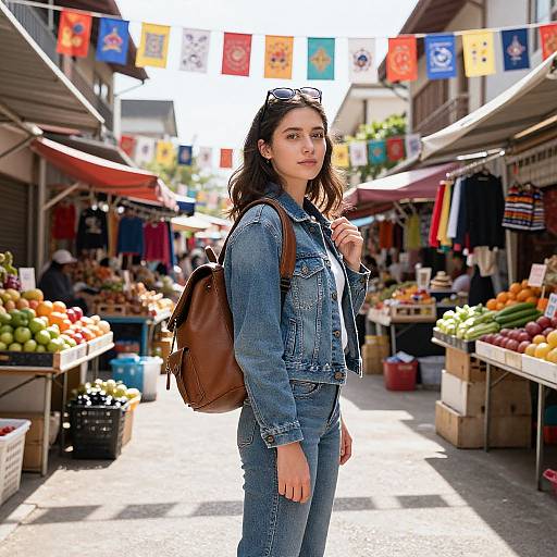 Photograph of a young woman with long brown hair, wearing a denim jacket and jeans, brown backpack, standing in a vibrant outdoor market with colorful flags