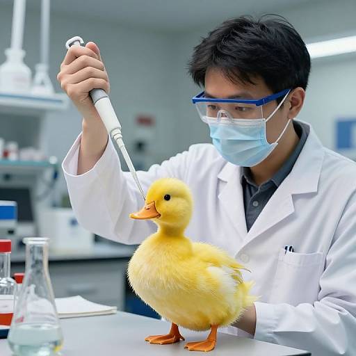 Photograph of an Asian male scientist in a white lab coat and blue safety glasses, using a syringe on a yellow duckling in a bright laboratory