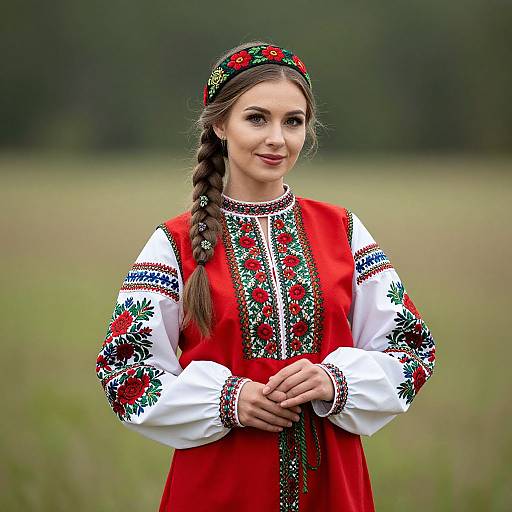 Photograph of a young woman with fair skin and brown hair in a braid, wearing a red embroidered dress and floral headband, standing in a