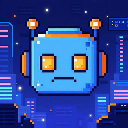 Pixel art of a blue, square-faced robot with orange eyes and ears, surrounded by glowing neon lights against a dark blue background.