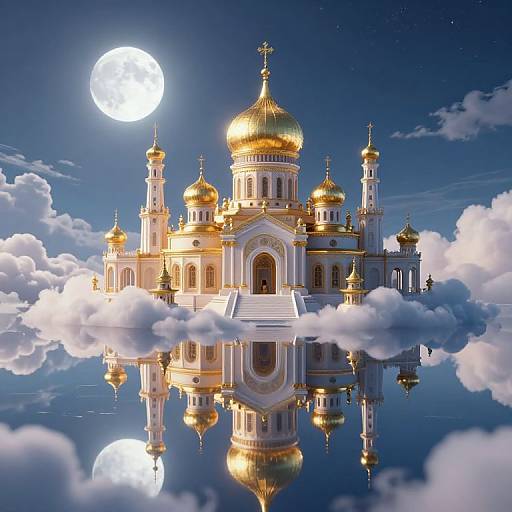 Photorealistic digital art of a golden-domed Orthodox church floating on clouds under a bright full moon, with a mirror-like reflection.