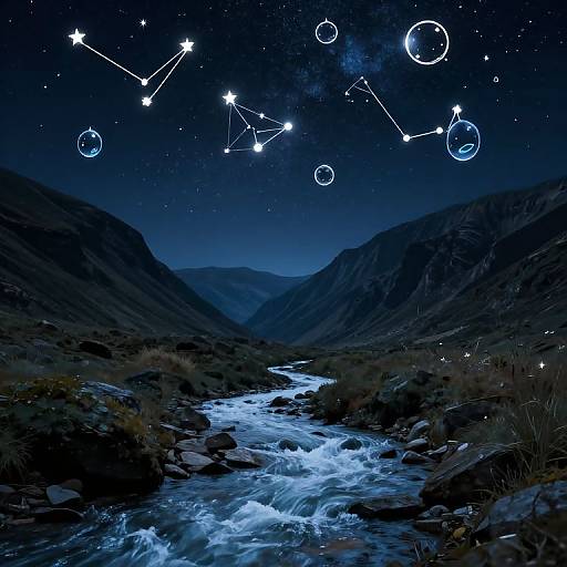 Photograph of a night sky over a mountain valley with a flowing river, featuring a constellation of stars and planets above.