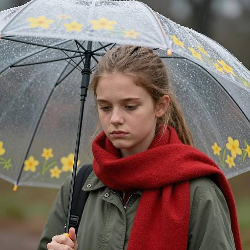 Young Girl with Umbrella in Rain
