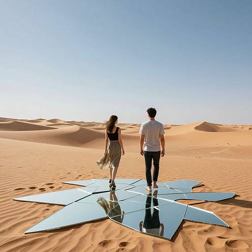 Photograph: Couple stands on reflective glass plates in endless desert; woman in flowing dress, man in white shirt and black pants, clear blue sky above