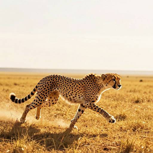 Photograph of a sleek, spotted cheetah running through a sunlit, golden grass savanna, with a blurred, distant horizon in the background