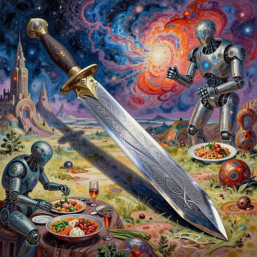 Fantasy digital painting: Two robotic figures dine on plates of food, with a glowing sword and a fiery-eyed robot in a vibrant, starry,