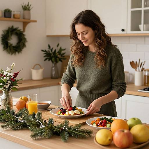 Photograph: Curly-haired woman in green sweater, assembling fruit salad on wooden kitchen counter with Christmas decor, orange, apples, and berries.
