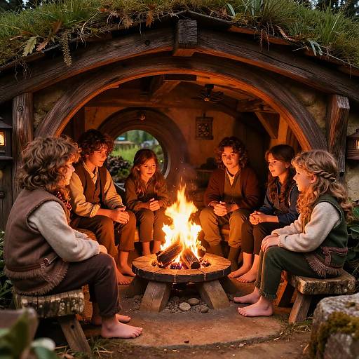 Photograph of six young people with curly hair, sitting barefoot around a warm fire in a rustic, wooden hobbit-style hut.