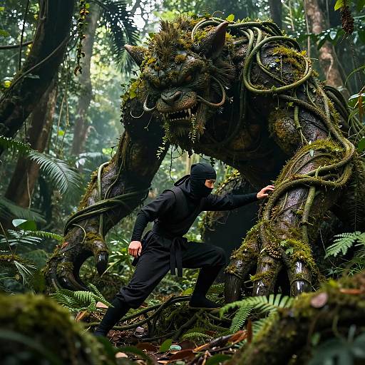 Photograph-style digital artwork: Dark forest, cloaked figure gripping massive, moss-covered, horned beast with twisted vines; dense greenery surrounds them