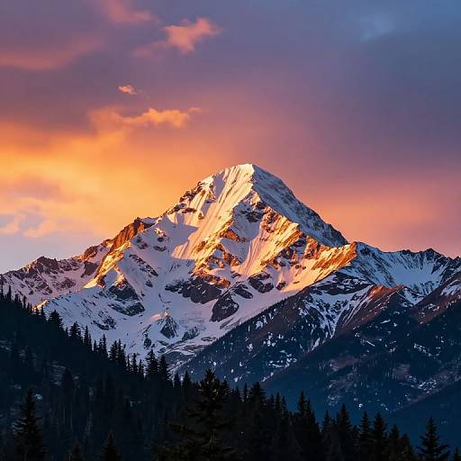 Photograph of a snow-capped mountain peak glowing in orange and pink sunset light, with dark forest silhouettes in the foreground.