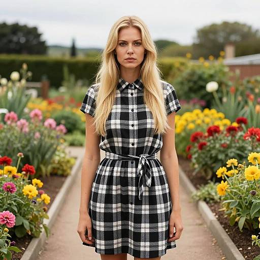 Photograph of a blonde woman with long hair, wearing a black-and-white plaid dress, standing in a vibrant garden path with colorful flowers.