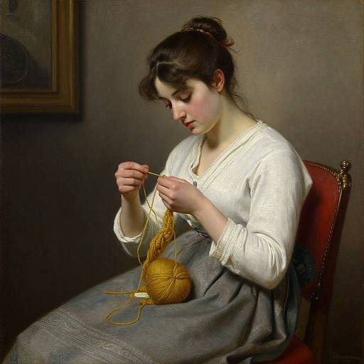 Photograph-style digital painting of a young woman with fair skin and dark hair, in a white blouse and gray skirt, sitting and knitting a yellow ball