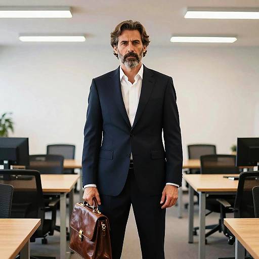 Photograph of a middle-aged man with curly brown hair and gray beard, wearing a black suit, white shirt, and holding a brown leather briefcase