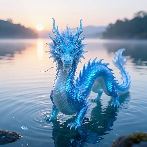 Photograph of a radiant blue, scaly dragon with spiky mane standing in calm water at sunrise, ripples around its legs.