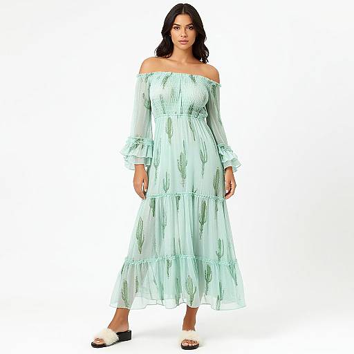 Photograph of a curvy woman with medium skin tone, wearing an off-the-shoulder, light mint-green, long, ruffled dress,