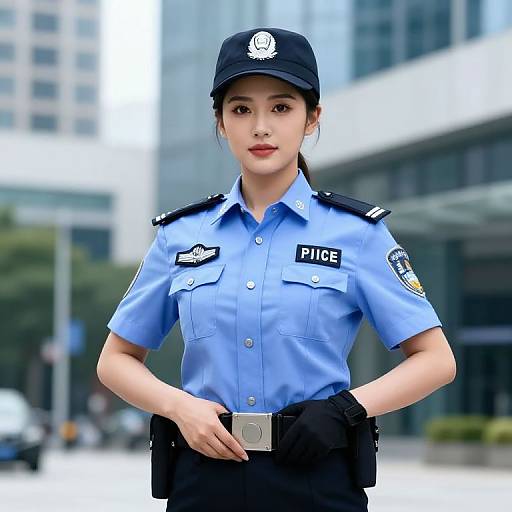 Photograph of an East Asian female police officer in light blue uniform, black cap, and belt, standing in front of modern city buildings.