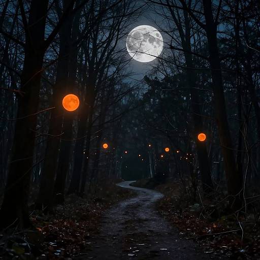 Photograph of a dark, moonlit forest path with bare trees, illuminated by glowing orange spherical lights and a bright full moon.