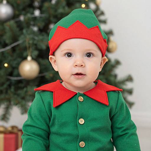 Photograph of a baby with fair skin, wide blue eyes, and red-tipped green elf costume, standing in front of a Christmas tree with blurred
