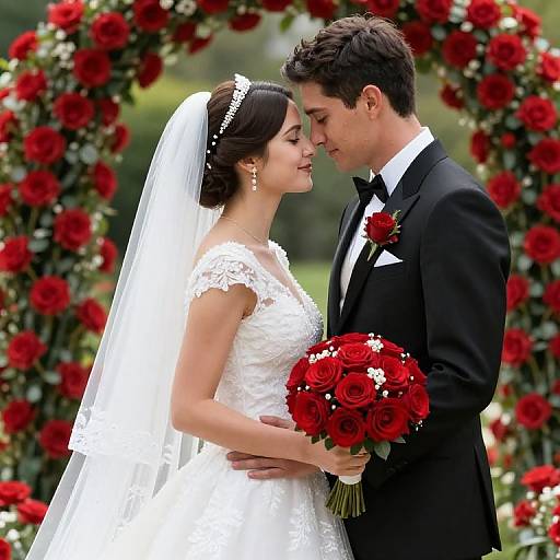 Photograph of a bride and groom in white and black formal attire, sharing a tender moment under a red rose arch, with the bride holding a red