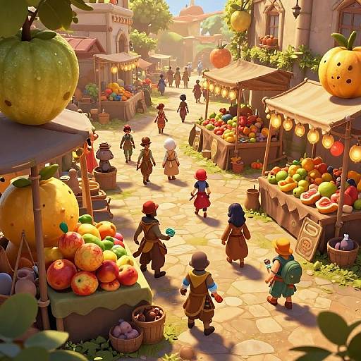 Whimsical, brightly-lit CGI market scene with colorful fruits, medieval-style characters, and wooden stalls. Sunlight filters through trees, casting warm