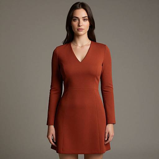 Photograph of a young woman with long dark hair, wearing a fitted, long-sleeved, V-neck, rust-red dress, standing against a