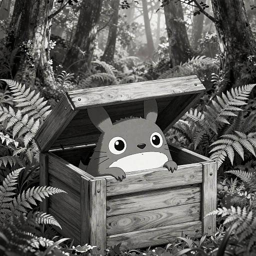 Monochrome digital drawing of a cute, wide-eyed, bunny-like creature with large ears peeking out of a wooden box in a dense, fern-filled